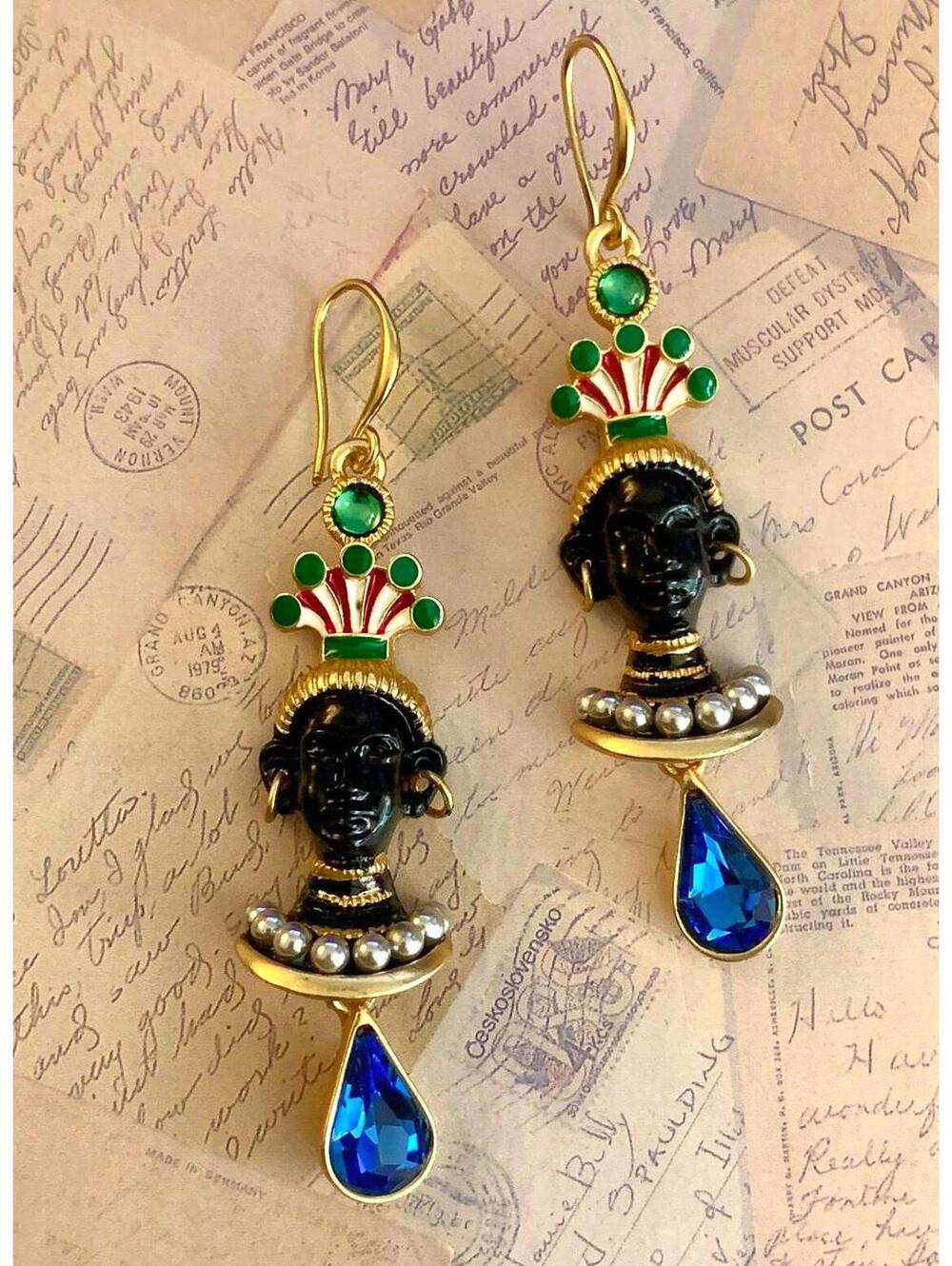 Regal Black Profile Statement Earrings, Painted Enamel Headdress, Blue Teardrops